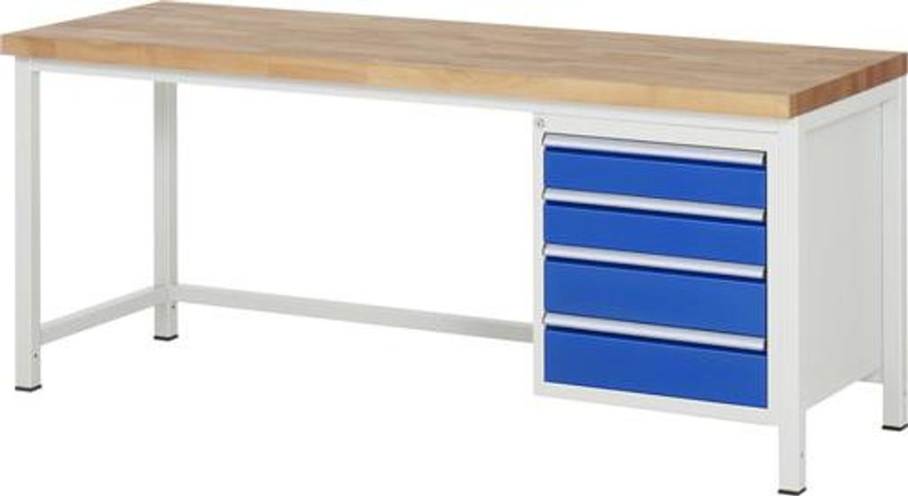 Werkbank mit 4 Schubladen - Vollauszug - 120:2 / 150:2 - höhenverstellbar 840-1.040 mm - 2.000 x 700 mm (BxT) - Traglast 1.250 kg - Buche