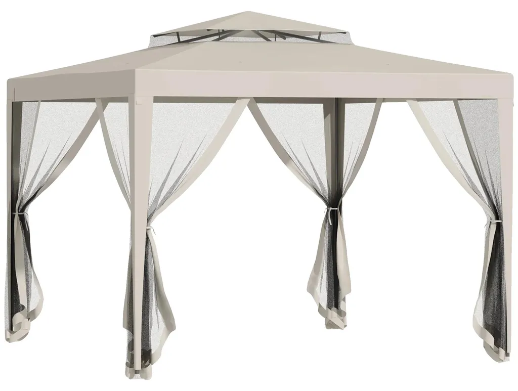 Tonnelle de jardin 3x3m avec rideaux moustiquaires et toit ventilé beige