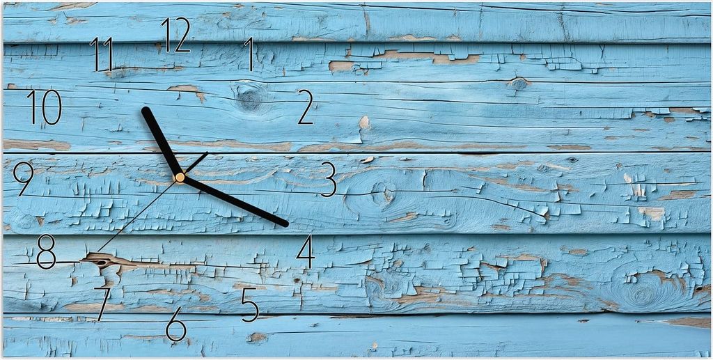 Wanduhr aus Glas mit Motiv Altes Holzblau- 60 x 30 cm - inkl. Aufhängesystem