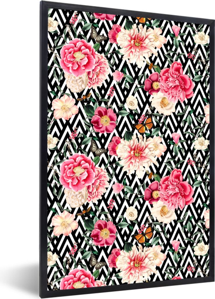 MuchoWow MuchoWow Gerahmtes Poster Blumen - Rosa - Schmetterling 40x60 cm - Poster mit zchwarzem Bilderrahmen - Papierdruck - Wandbilder