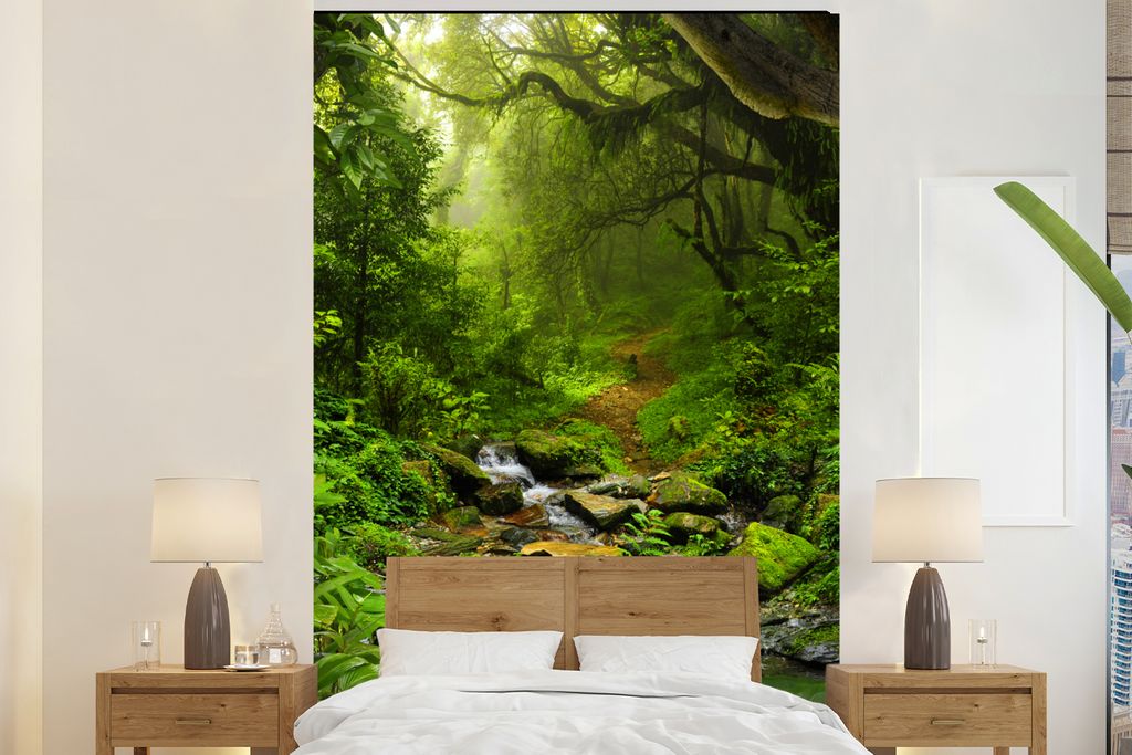 MuchoWow Fototapete für Wohnzimmer oder Schlafzimmer Wandtapete Vinyl Motivtapete Natur - Wasser - Dschungel - Wald - Tropisch - 145x220 cm - Wa...