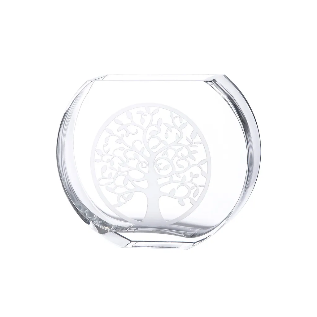 Vase décoratif en verre transparent motif Arbre de Vie, forme ronde 23cm