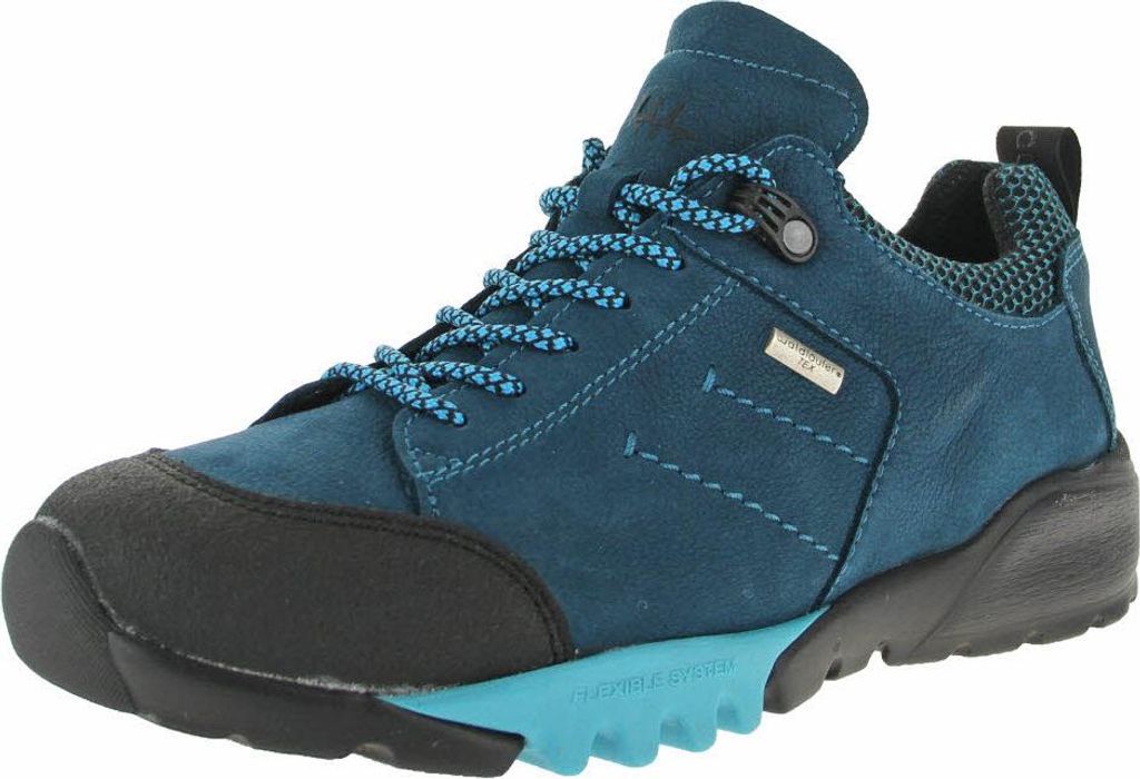A single blue hiking shoe is shown against a white background.