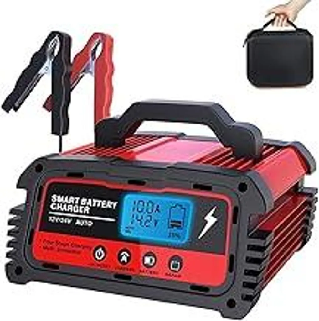 LEICESTERCN Caricabatteria per auto 12V/24V 5/10/25A Caricabatteria per auto Caricabatteria completamente automatico a 6 livelli Caricabatteria di mantenimento per moto con LCD Protezione multipla per auto, moto e veicoli a motore