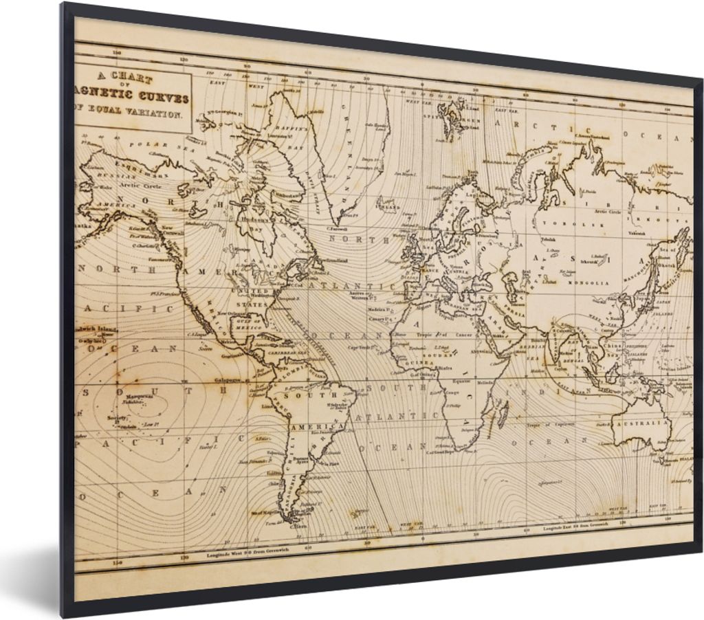 MuchoWow Gerahmtes Poster Weltkarte - Vintage - Braun - Pädagogisch 40x30 cm - Poster mit Schwarzem Bilderrahmen Wandposter Rahmen Foto Bilder -...