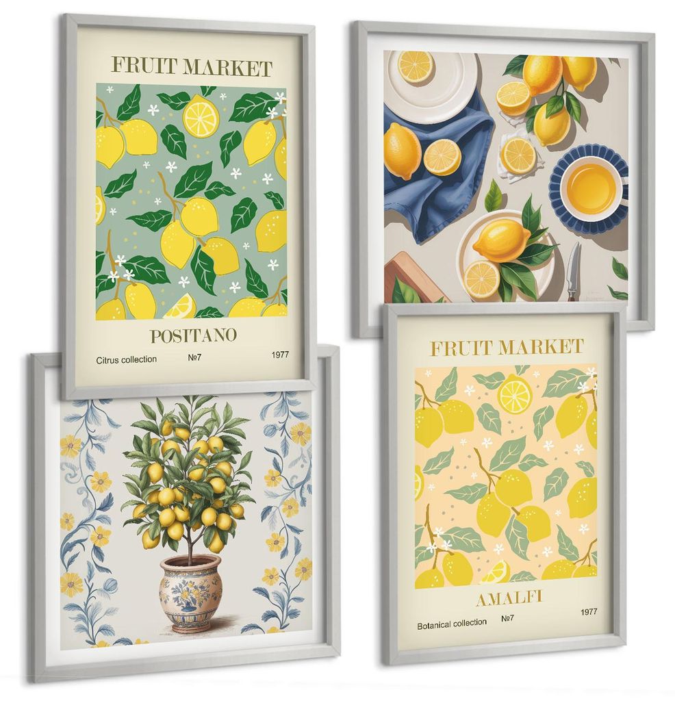 Bilder Set 4-teilig im silbergerahmten Rahmen – Wandbilder 4 Stück – gerahmte Poster für Wohnzimmer, Schlafzimmer und Flur – 50x50 cm - 40x...