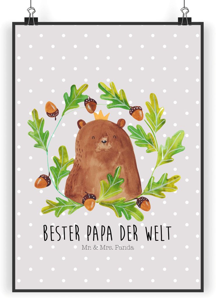 Mr. & Mrs. Panda Bild Bär König DIN A5 - Grau Pastell - Geschenk, Daddy, Papa, Vatertag, drucke, Kunstdruck, Dad, Wandbild, Vater, wanddeko, Tedd...
