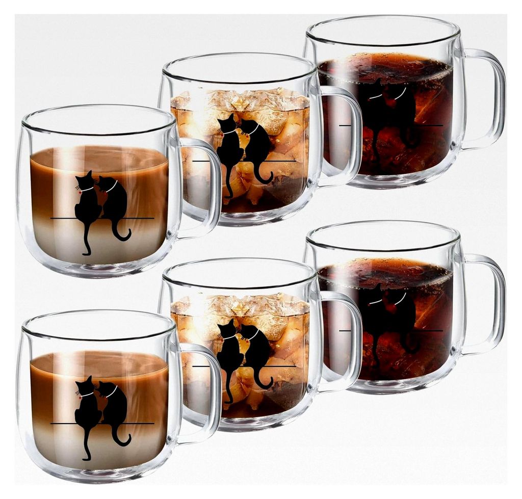 Doppelwandige Kaffeegläser, Latte Macchiato Gläser 300ml, 6er Set, Isolierte Teetasse mit Katzenmotiv, Hitzebeständiges Borosilikatglas, Geeigne...