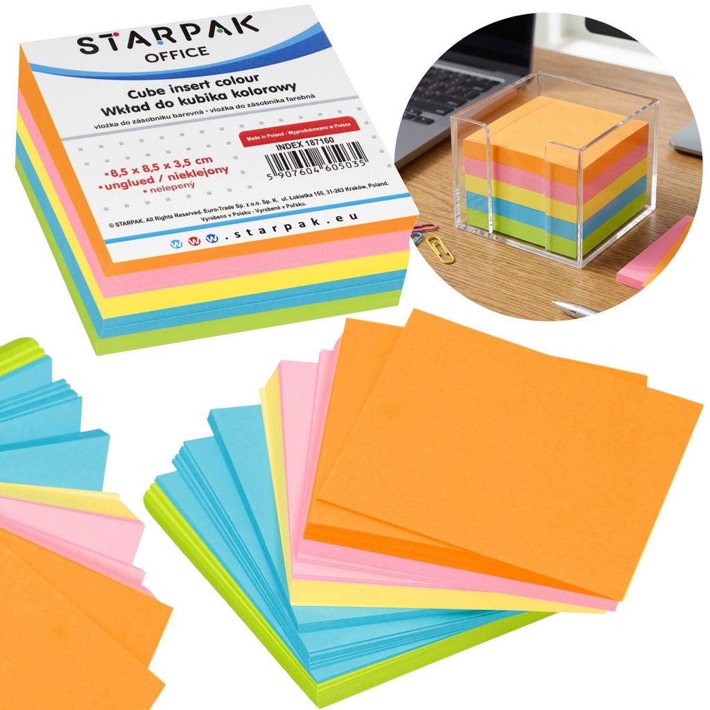 Bunte Notizzettel, nicht selbstklebend, Nachfüllpackung für Notizblöcke, 8,5 × 8,5 × 3,5 cm