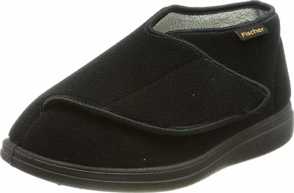 Fischer Hausschuh, Klettvelour, Frotteefutter, Wechselfußbett, Extraweite L, schwarz 0553-90 40