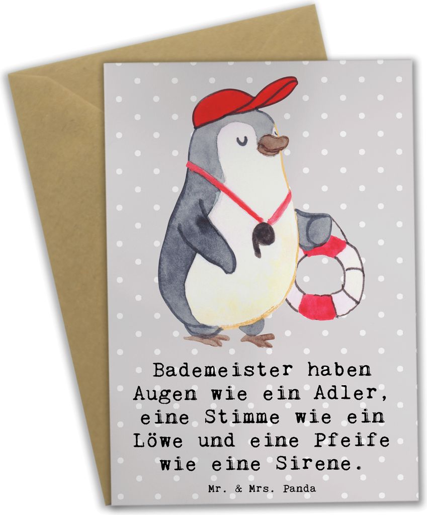 Mr. & Mrs. Panda Glückwunschkarte Bademeister Superheld - Grau Pastell - Geschenk, Verantwortung, stille Helden, Schwimmbecken, Berufsgestaltung, ...