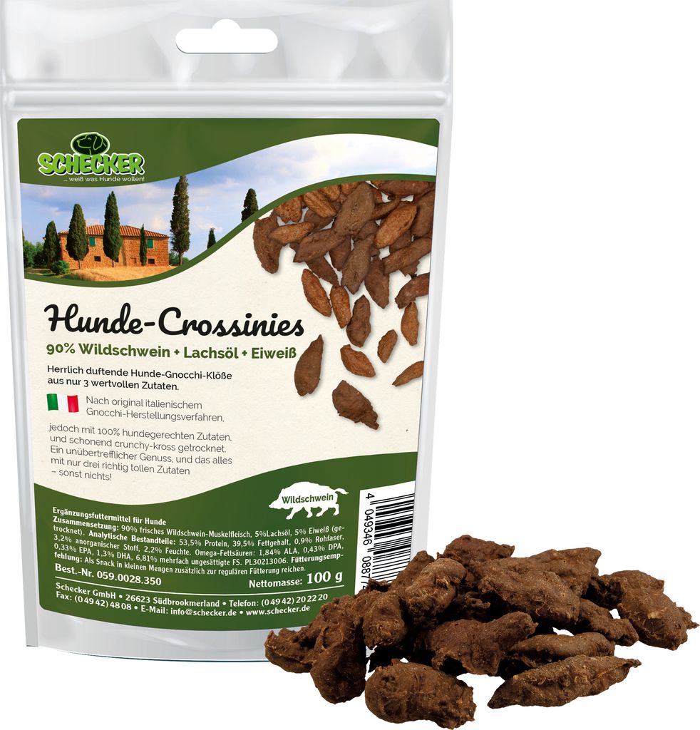 300 g Schecker Hunde Crossinies nur aus 3 Zutaten 90 % Wildschwein + Lachsöl +Eiweiß kross