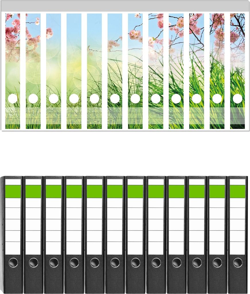 Wallario 12 Stück schmale Ordner inkl. Klebeetiketten mit Motive Kirschblütenzweige und grüne Wiese- Frühling - Set mit Rückenschildern / Ordn...
