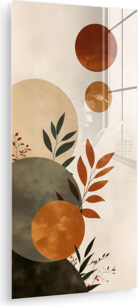 MuchoWow Glasbilder - Bilder auf Wandbild - Foto auf Glas Formen - Rund - Blätter - Beige 60x120 cm Wanddekoration aus Glas - Acrylglasbild - Acry...