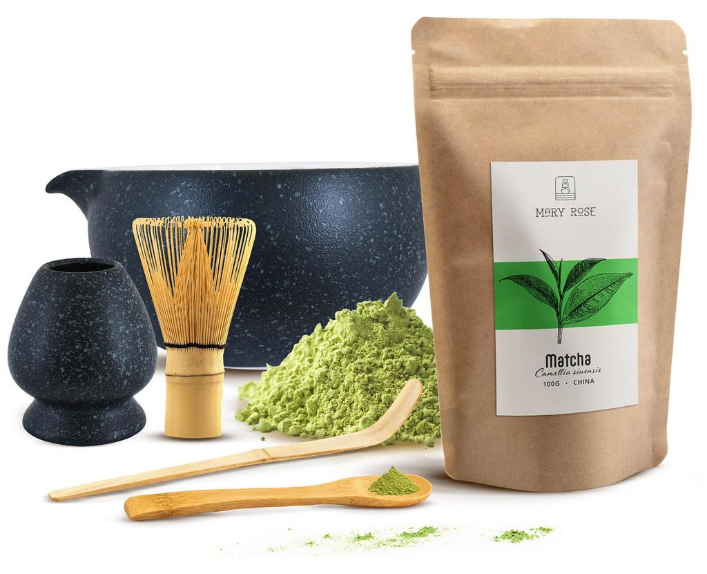 Mary Rose - Matcha Tee Set Pulver 100g - Dunkelgraue Keramik Schale Kurai 470ml Mit Ausguss - Kusenaoshi Halter - Bambus Chasen Besen Zubehör