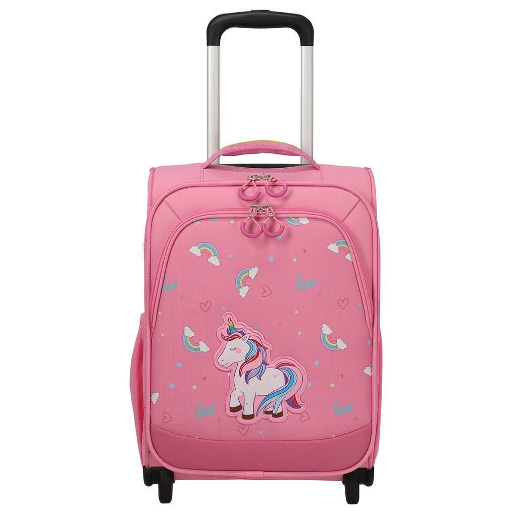 A pink children's suitcase with a unicorn and rainbow design.