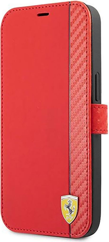 A red Ferrari branded iPhone 13 mini flip case with a carbon fiber stripe and the Ferrari logo.