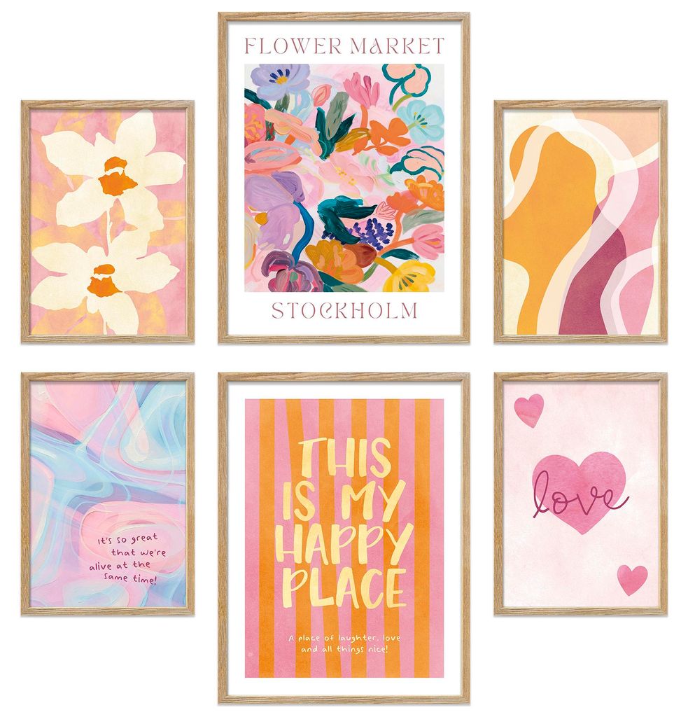 ARTFAVES Poster Set - Abstract Dopamine Art I mehrteilige Bilderwand für Wohnzimmer, Schlafzimmer I Wandbilder Abstrakte-Kunst I mit Rahmen Eich...
