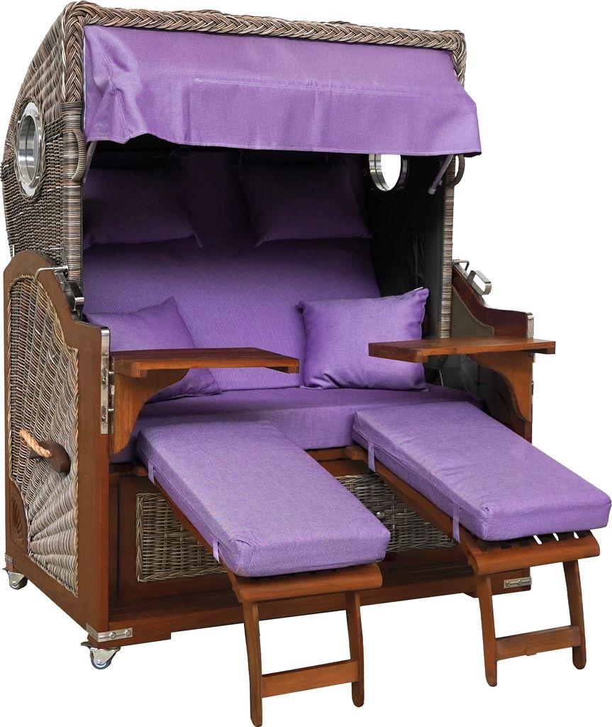 Webavita Strandkorb Bali Violett aus Teak - Bullauge 2-Sitzer Volllieger Urlaubsfeeling für Zuhause Terrasse Balkon