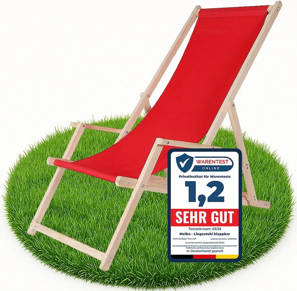 Chaise longue bois et toile rouge inclinable avec accoudoirs confort