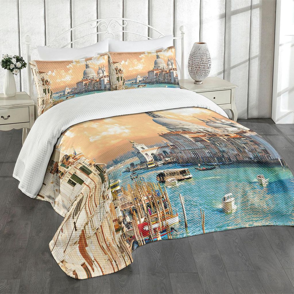 ABAKUHAUS europäisch Tagesdecke Set, Grand Canal In Venedig Italien Historische Europäisch Stadtbild Stadt Turm Druck, 220 x 220 cm, Mehrfarbig
