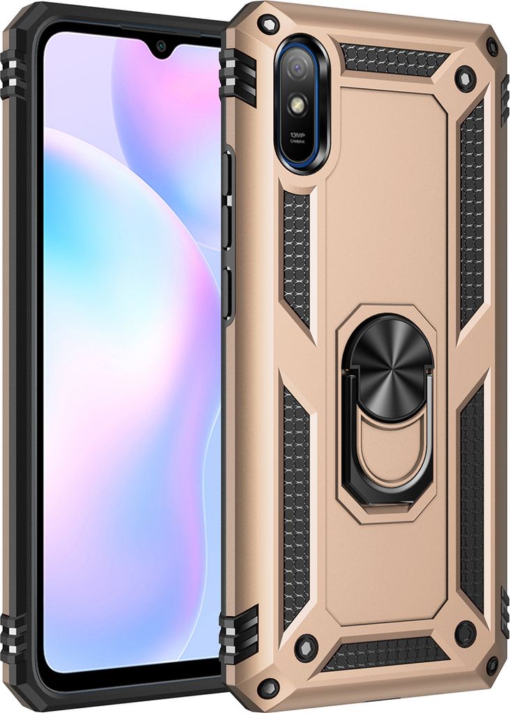LaimTop Schutzhülle für Redmi 9A, Dual Layer Robust Militäre Fallschutz Hülle mit Ringhalterung Ständer für Xiaomi Redmi 9A Gold