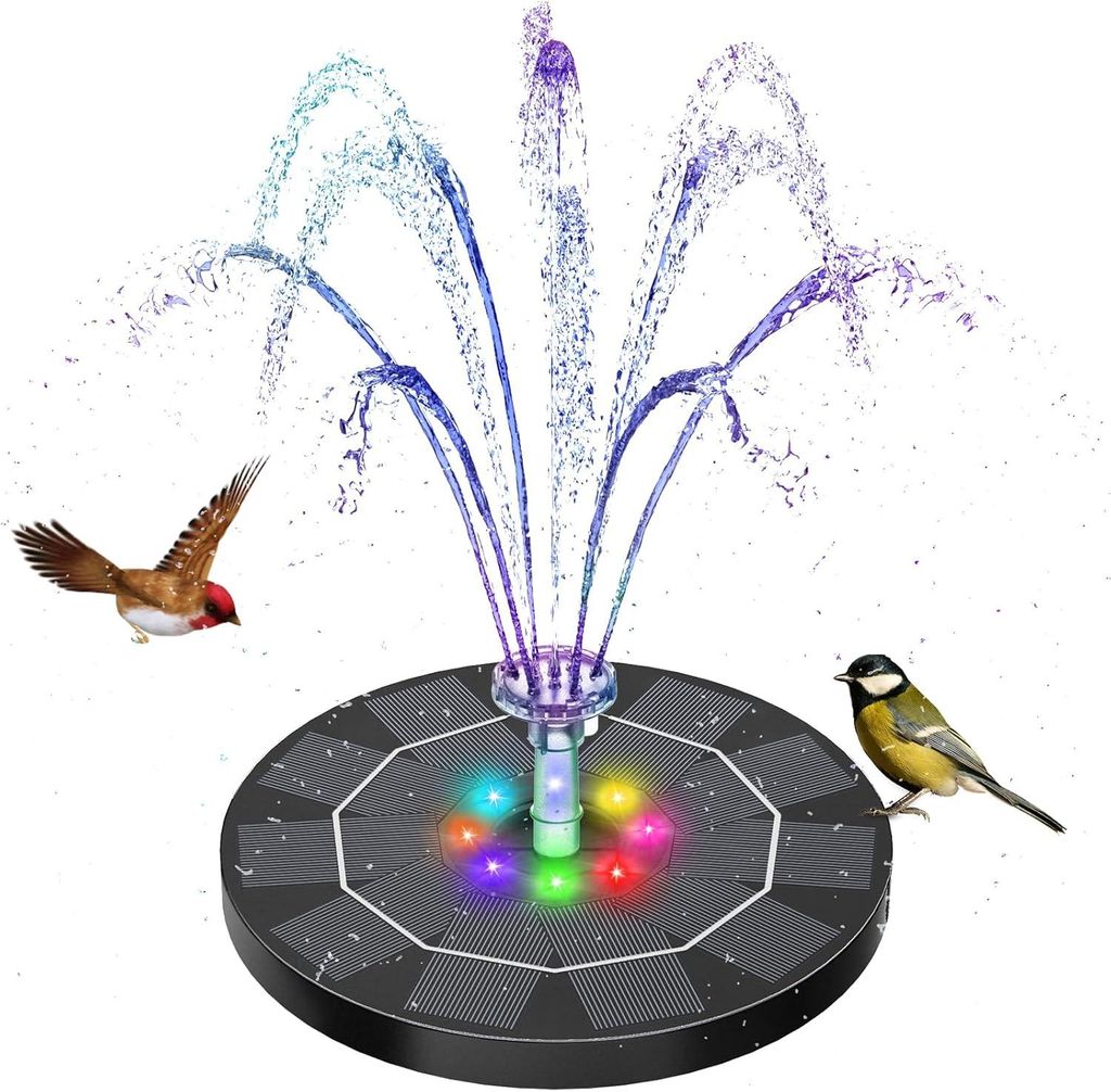 A solar-powered fountain with LED lights and two birds.