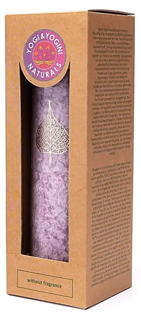Grande Bougie Pilier en Stéarine Lilas sans Parfum Motif Feuille Bodhi