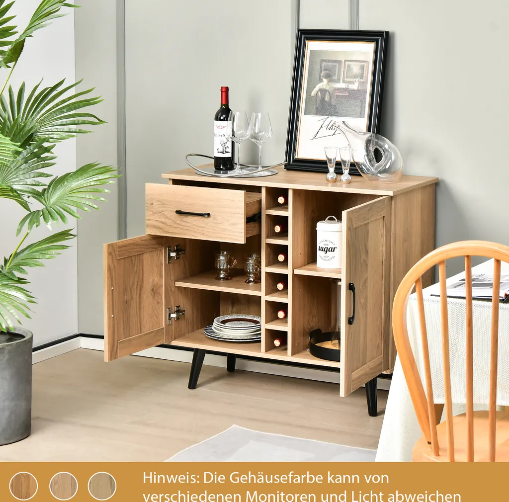 Buffet avec étagères réglables et casier à vin, commode mobile naturelle
