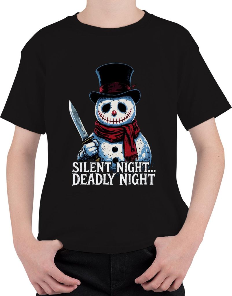 Silent Night Deadly Night Horror Schneemann Messer Weihnachten Uni Kinder T-Shirt, Schwarz, 140