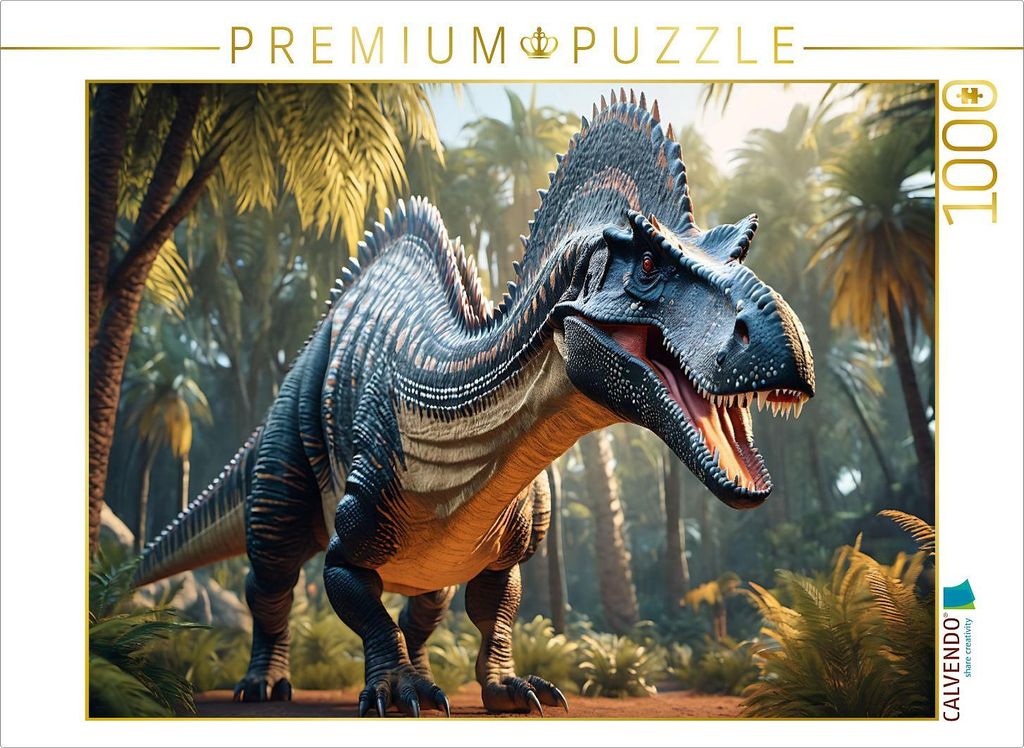 CALVENDO Puzzle Dinosaurier - ein Spinosaurus in urzeitlicher Landschaft | 1000 Teile Lege-Größe 64x48cm Foto-Puzzle für glückliche Stunden