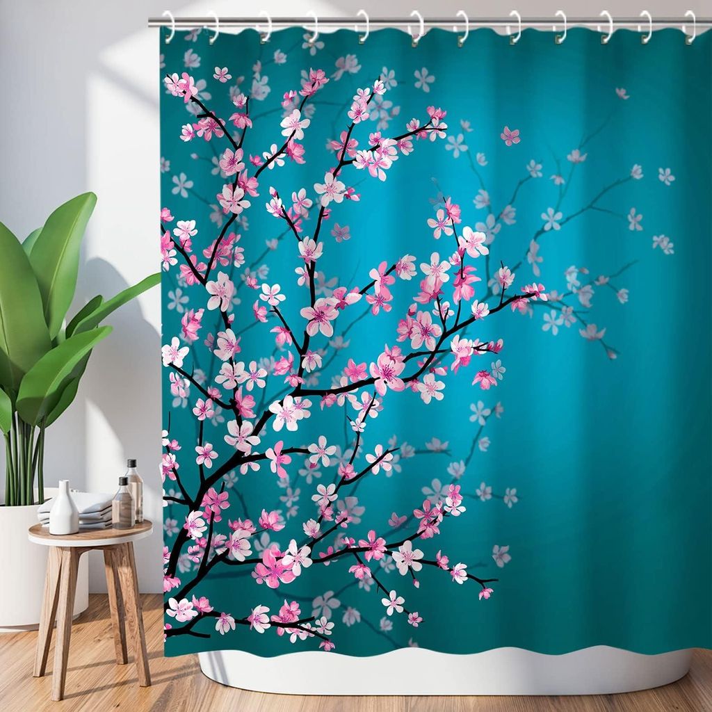 Duschvorhang mit japanischem Kirschblütenmuster und 12 Haken – Türkis und Rosa – 183 x 183 cm (B x H)