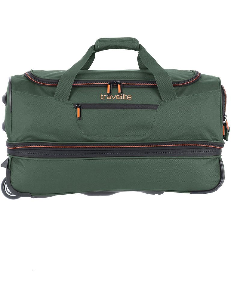 A green duffel bag with wheels and handles, shown from the front against a white background.