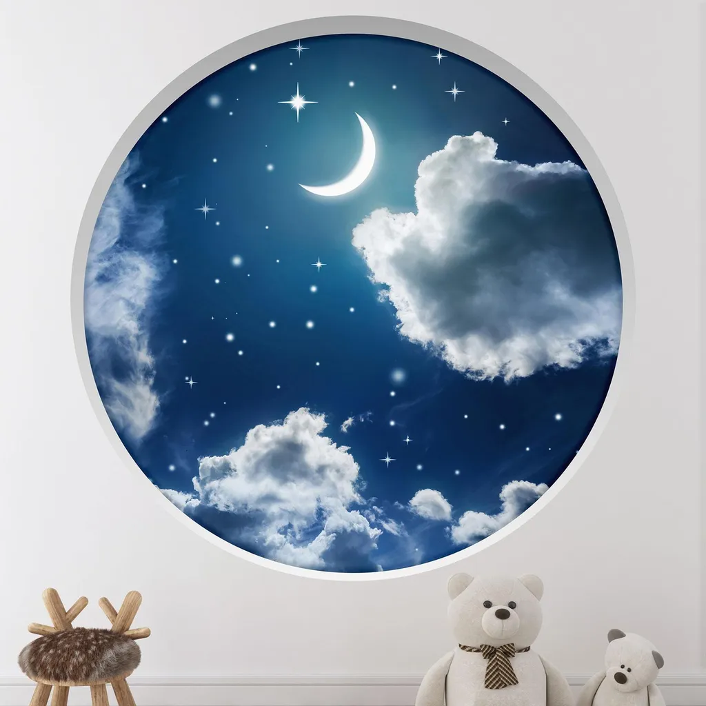 Stickers Trompe l'oeil Arche Lumaléa Lune ciel étoilé - Diamètre 130 cm