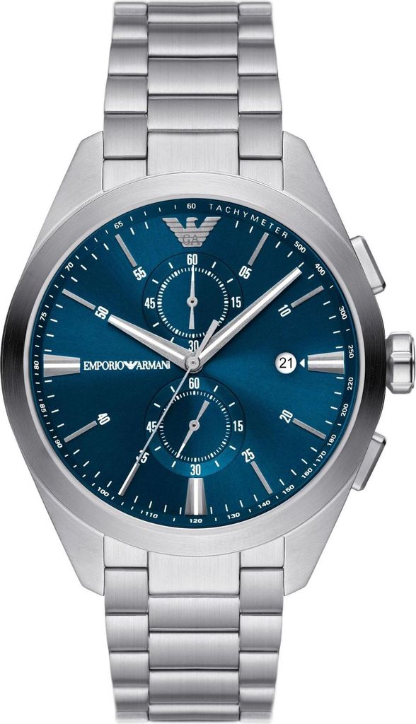 A close-up studio shot of a men's wristwatch with a blue dial and silver metal band.
