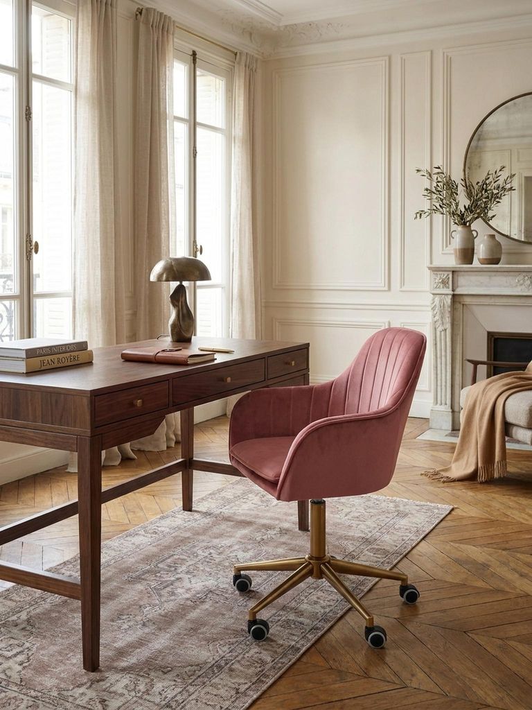 Schreibtischstuhl Samt Rosa, Design Drehstuhl mit Lehne, Arbeitsstuhl 120 kg Höhenverstellbar, Schalenstuhl mit Rollen, Stuhl Drehbar