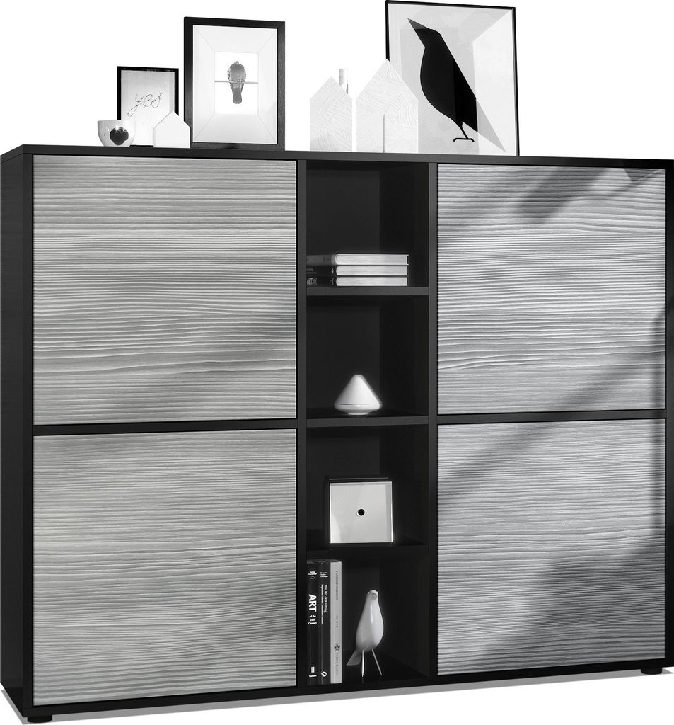 Vladon Highboard Cuba V3, Germany, Schwarz matt/Avola-Anthrazit - Moderne Anrichte mit 12 Fächern (130,5 x 105,5 x 35,5 cm)