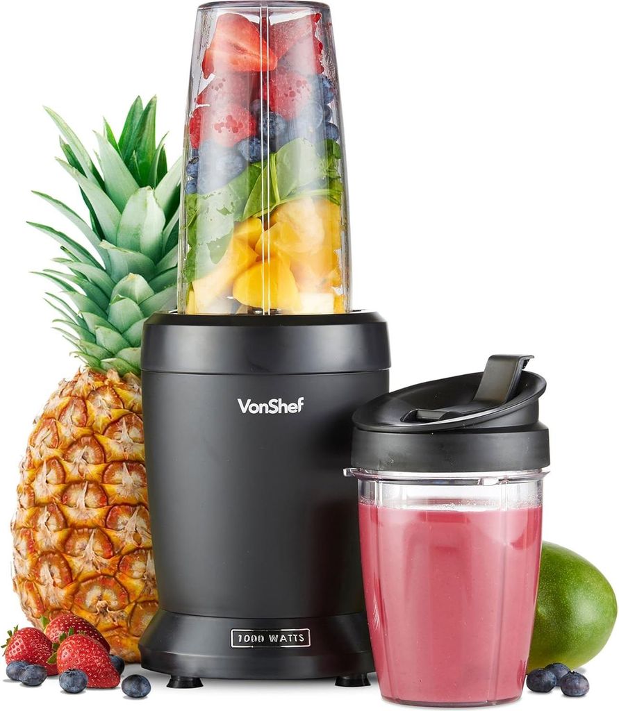 VonShef Mixer Smoothie Maker – Ultrablend für Obst, Gemüse und Crushed Ice, 1000 W/ 500 ml & 800 Go mit Mitnehmbarem Becher Mini 1 Bedienknopf