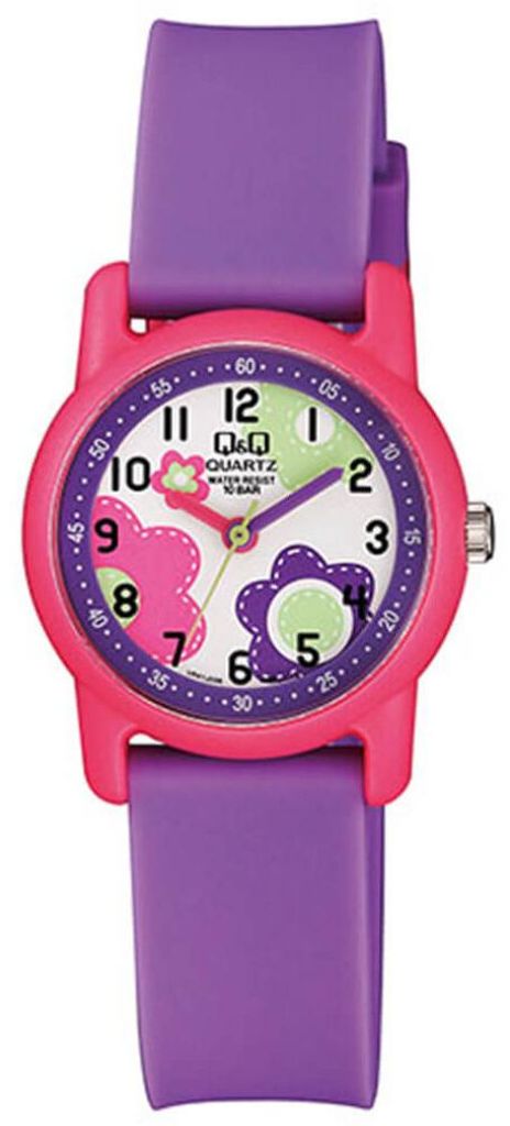 Q&Q Kinderuhr, Modell VR41J006Y. Kunststoffuhr, violettes Band und mehrfarbiges Zifferblatt. Analoge Uhr für Kinder. WR 100 mt.