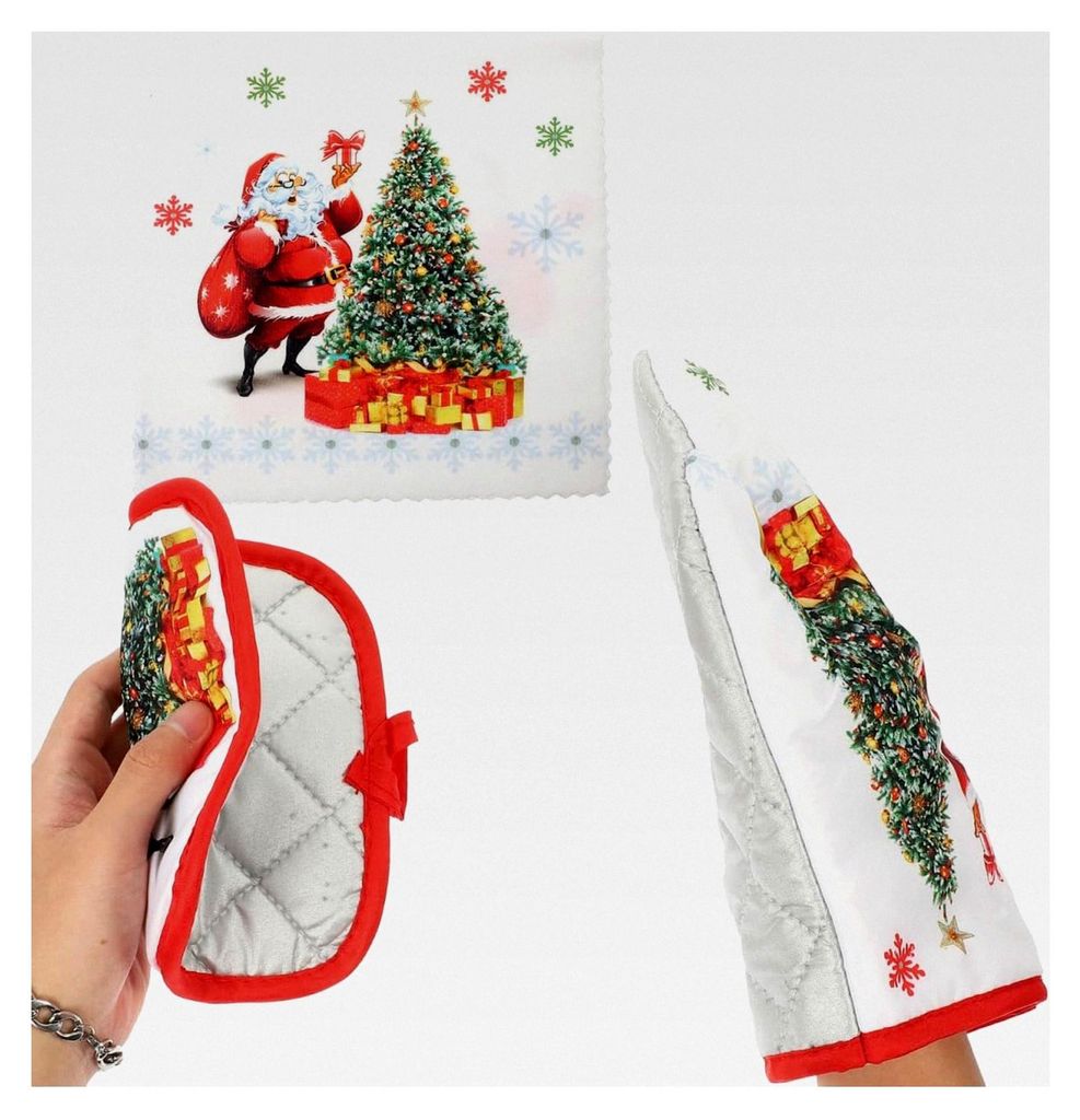Ofenhandschuhe mit Weihnachtsmotiv Set mit hitzebeständigen Topflappen und Backtuch multifunktional für Kochen, Backen und Grillen, wiederverwend...
