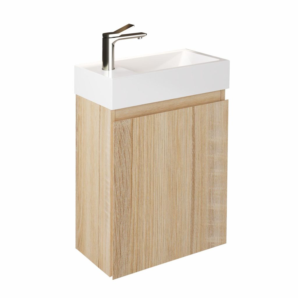 Waschbecken mit Unterschrank 40 cm Sonoma Eiche – JINDOLI Waschtisch Set mit silberner Armatur & Mineralgussbecken, vormontiert für Gäste-WC