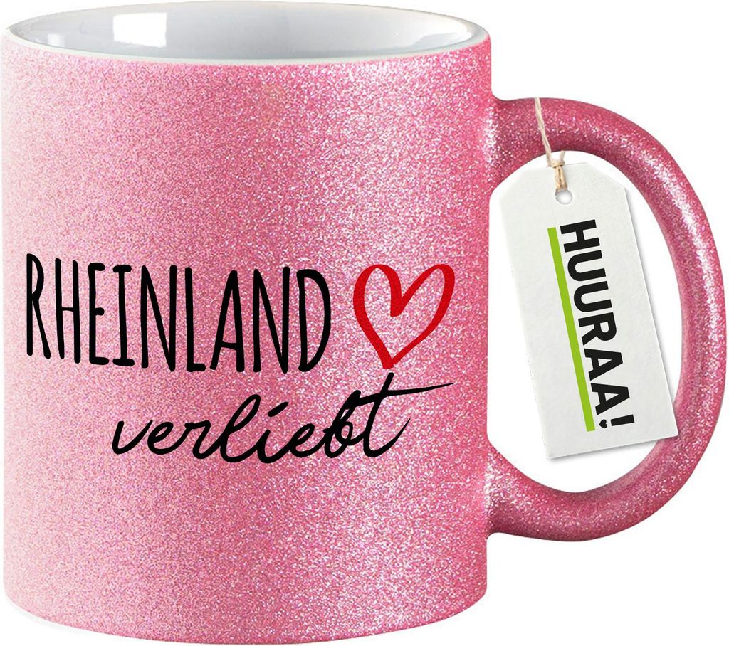 Huuraa Glitzertasse Rheinland verliebt 330ml Pink Keramik Kaffeebecher Geschenkidee