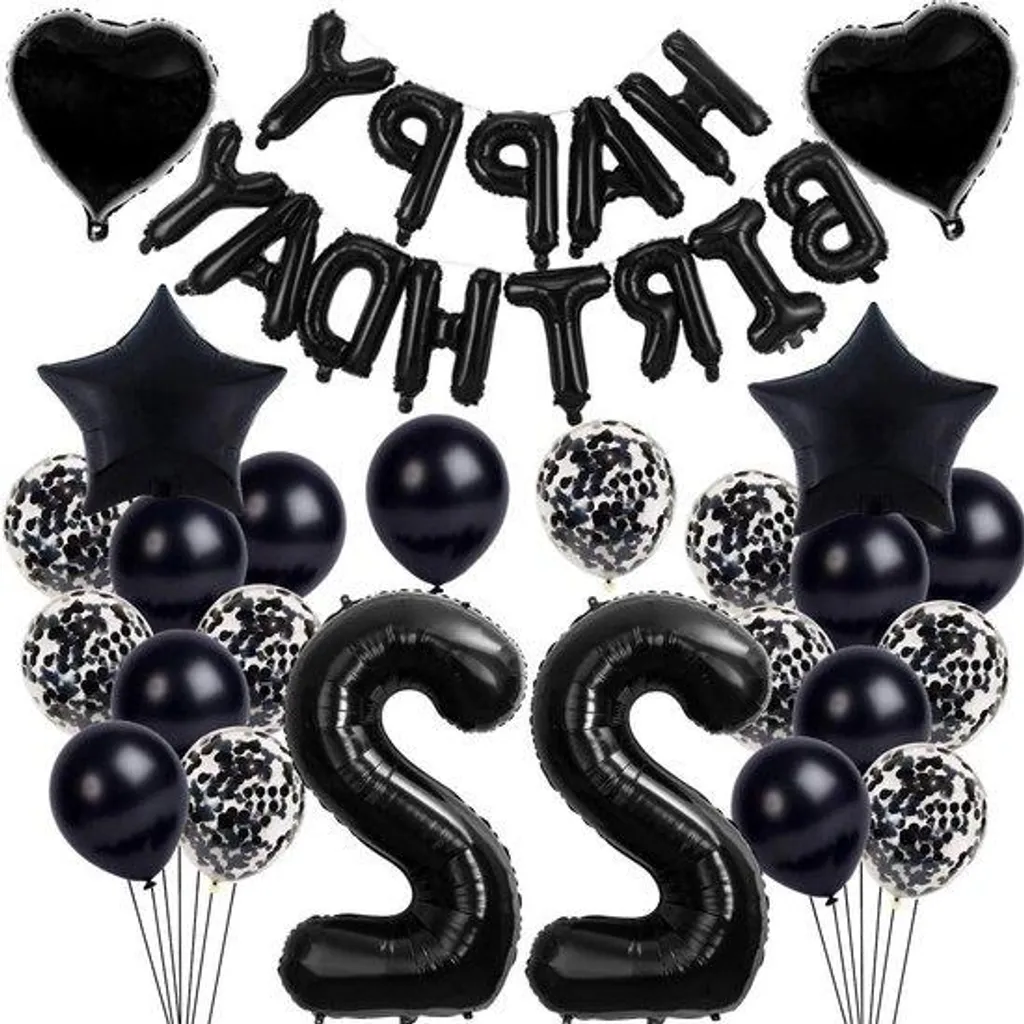 Pack complet déco 22 ans : ballons chiffres noirs et guirlande festive