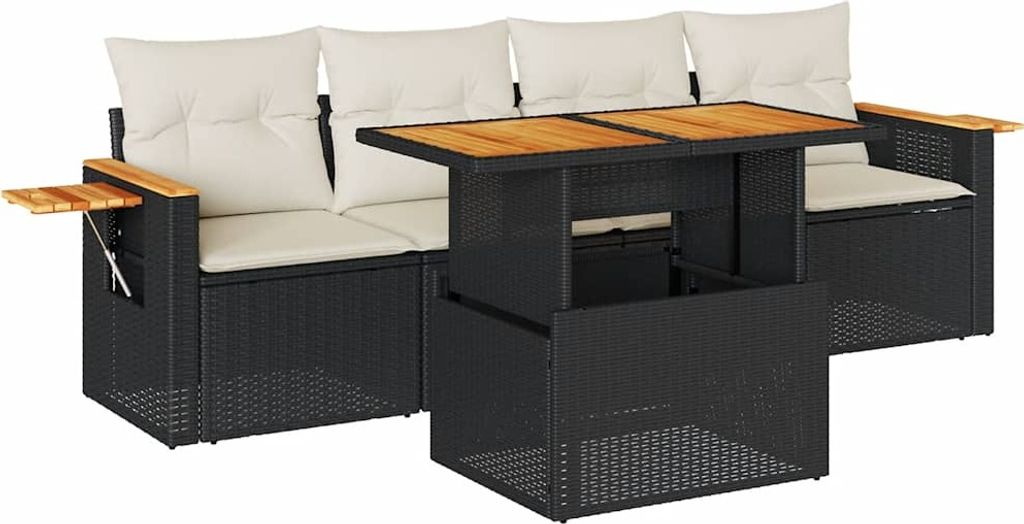 vidaXL 5tlg. Garten-Sofagarnitur mit Kissen Schwarz Poly Rattan Akazie