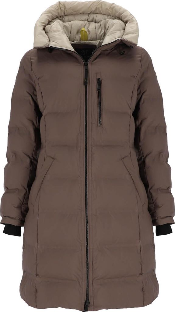 Blue Flame Damen Steppmantel mit Kapuze - Lange Steppjacke mit Chintzfutter in Tonbraun Größe 46