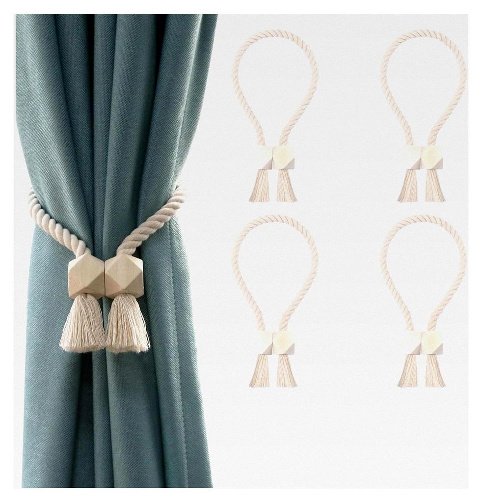 4 Stück Raffhalter für Vorhänge - Raffhalter mit Baumwollseil und verstellbarem Design, Halter für Gardinen ohne Bohren für Haushalt und Büro