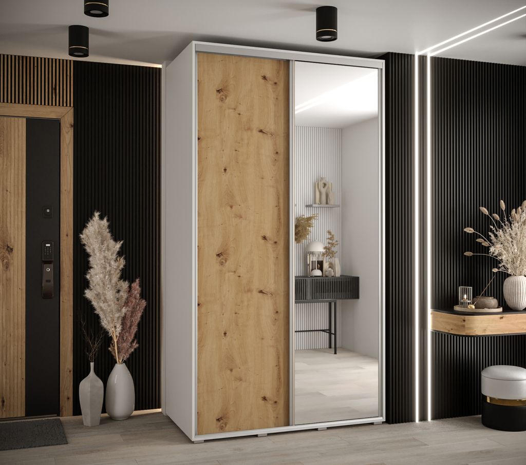 Kleiderschrank YVONA 3 – 140/60 cm, weiß/Eiche handwerklich/silber