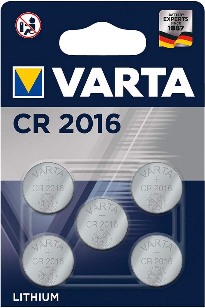 VARTA Lithium Knopfzelle, Batterie CR 2016, IEC CR2016, ersetzt auch DL2016, 3V 5er Blister