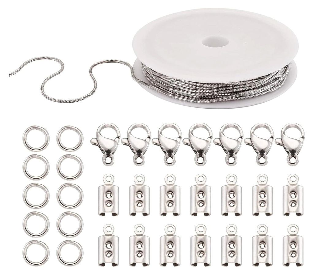 Edelstahl-Halsketten-Kette, 4,5 m, 1,2 mm, runde Schlangenketten mit Sprungring, Karabinerverschluss und faltbaren Quetschenden für Männer und Fr...