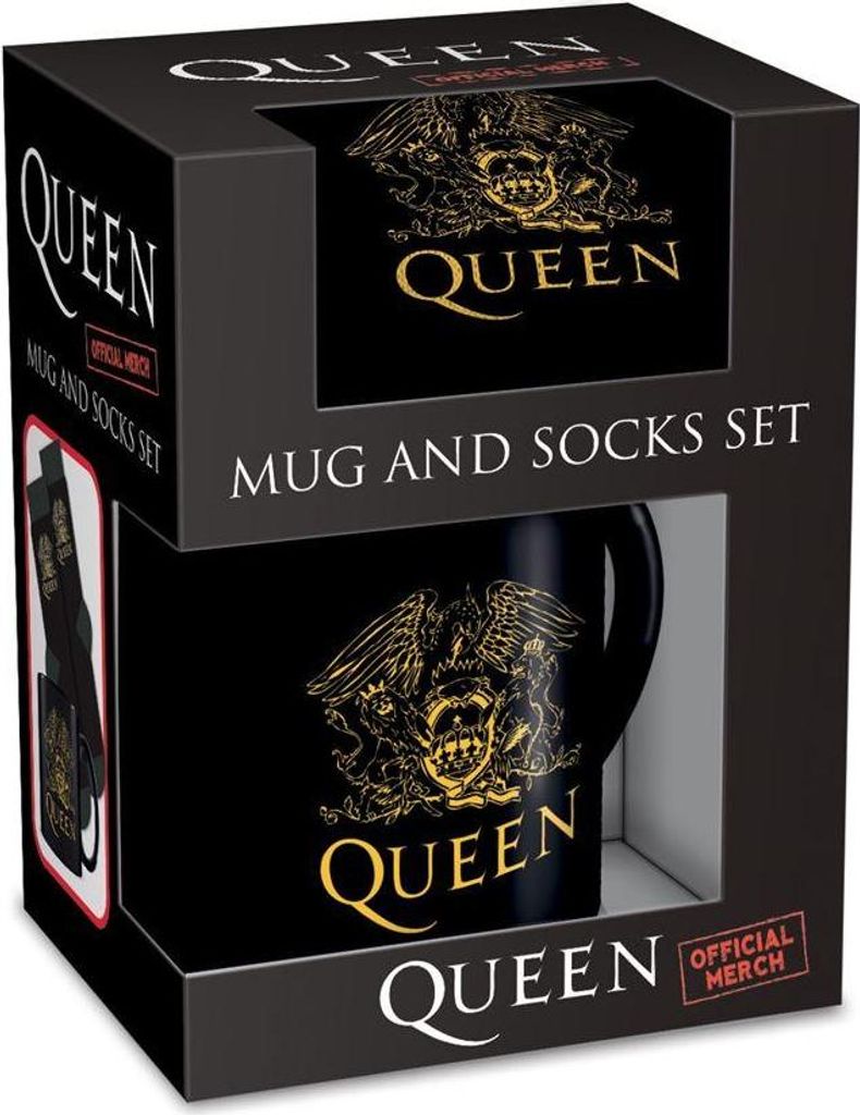Queen - Tasse/Socken-Set, Logo PM11059 (Einheitsgröße) (Schwarz/Gold)